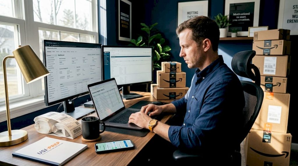 Seller managing Amazon FBA inventory in home office