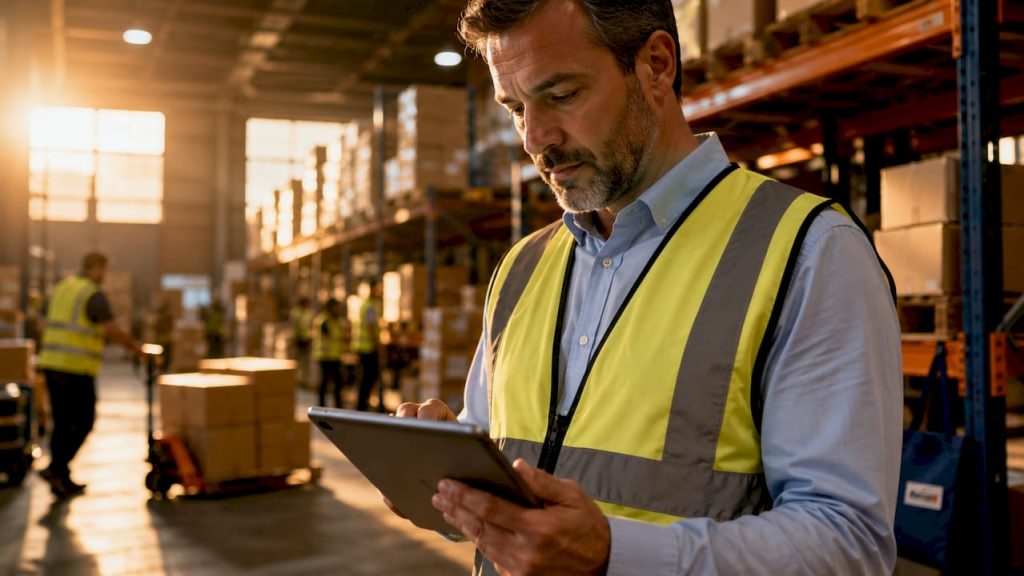 Warehouse manager checking orders inside large ecommerce facility